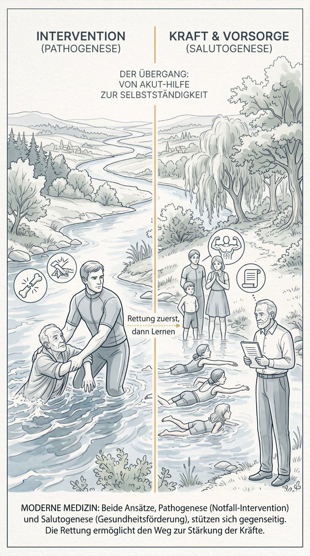 Grafik: links Intervention (Pathogenese), ein Retter zieht einen Menschen aus dem Fluss; rechts Kraft und Vorsorge (Salutogenese), Menschen lernen schwimmen