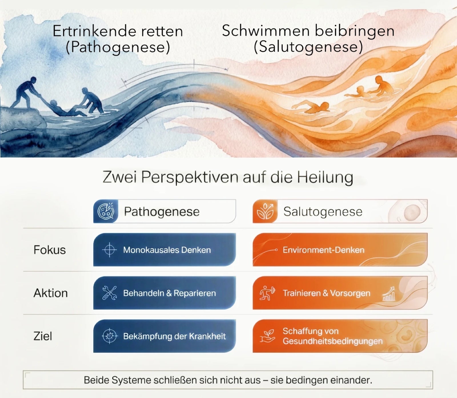 Grafik „Zwei Perspektiven auf die Heilung“: Pathogenese (Ertrinkende retten, monokausales Denken, behandeln und reparieren, Bekämpfung der Krankheit) neben Salutogenese (Schwimmen beibringen, Environment-Denken, trainieren und vorsorgen, Schaffung von Gesundheitsbedingungen). Beide Systeme bedingen einander.